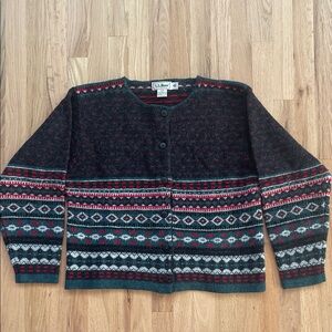 L.L. Bean Women's Black/Red/Green Wool Cardigan- L